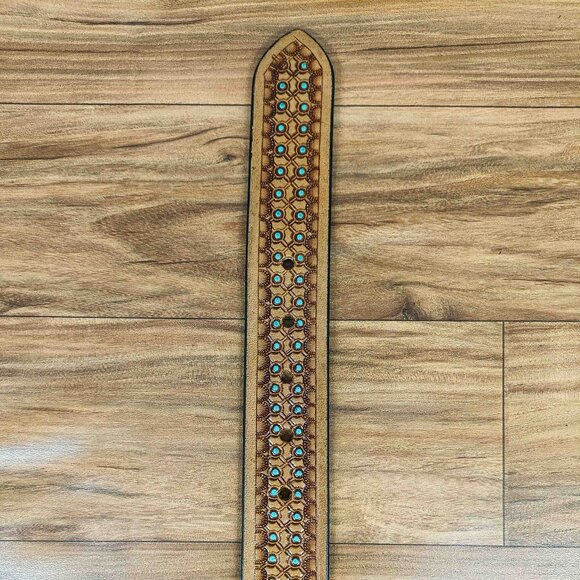 Western Honeycomb Tooled belt, Leather Embossed Belt with Turquoise Dots, Unisex - Picture 6 of 12